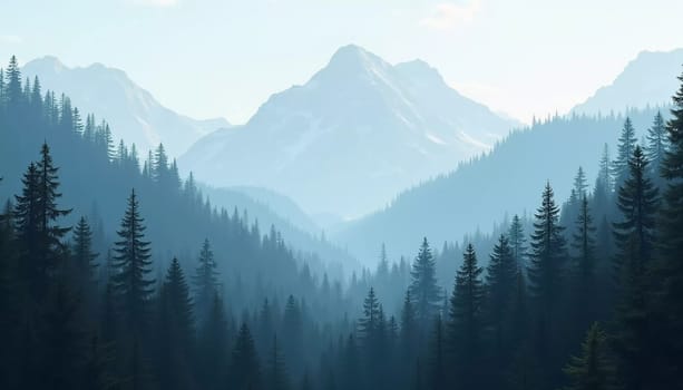 A peaceful view unfolds with towering spruce trees framing majestic mountains bathed in soft morning light. Lush green forest descends into a misty valley, creating a serene atmosphere. Generative AI