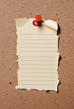 A piece of vintage blank note paper is secured with tape to a textured brown surface, ideal for business communications or reminders, conveying an old-fashioned office style. Generative AI.