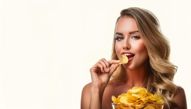 gorgeous young woman eating chips, AI generated image
