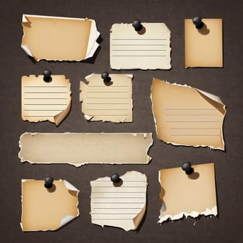 A piece of vintage blank note paper is secured with tape to a textured brown surface, ideal for business communications or reminders, conveying an old-fashioned office style. Generative AI.