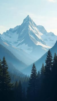 A peaceful view unfolds with towering spruce trees framing majestic mountains bathed in soft morning light. Lush green forest descends into a misty valley, creating a serene atmosphere. Generative AI