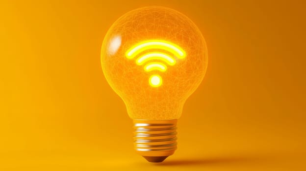 A bright glowing WiFi symbol inside light bulb on a yellow background. AI generated