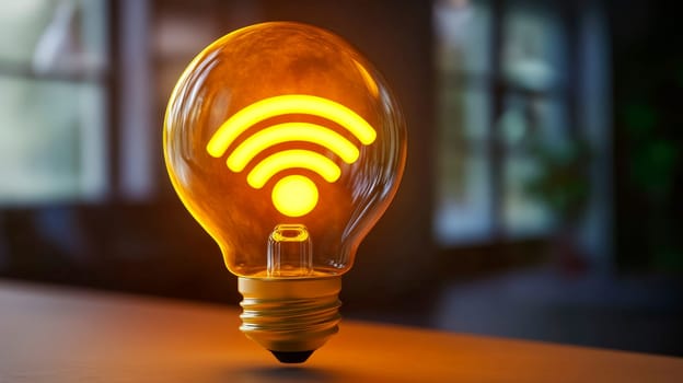 A bright glowing WiFi symbol inside light bulb in a dark office. AI generated
