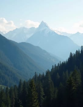 A peaceful view unfolds with towering spruce trees framing majestic mountains bathed in soft morning light. Lush green forest descends into a misty valley, creating a serene atmosphere. Generative AI