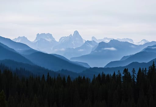 A peaceful view unfolds with towering spruce trees framing majestic mountains bathed in soft morning light. Lush green forest descends into a misty valley, creating a serene atmosphere. Generative AI