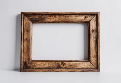 Rustic wooden frame features beautiful carvings and a weathered finish designed to hold art photographs set against clean white backdrop. A frame with intricate details against a white background. AI