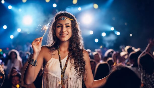 gorgeous young hippy woman at a concert, AI generated image