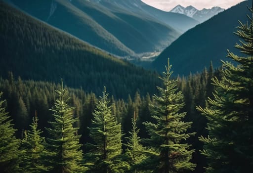 Majestic mountains tower over a serene spruce forest beneath a dramatic sky, showcasing nature beauty at dusk. Towering mountains with rolling hills and moody sky highlighting peaceful wilderness. AI.