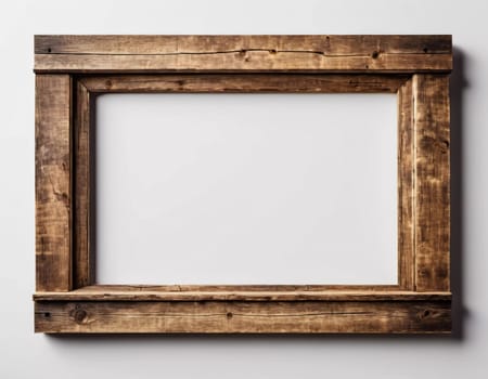 Rustic wooden frame features beautiful carvings and a weathered finish designed to hold art photographs set against clean white backdrop. A frame with intricate details against a white background. AI