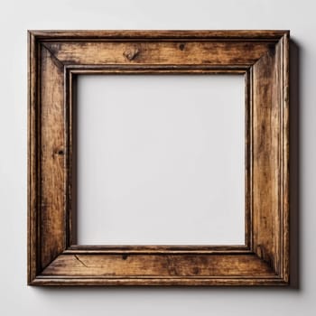 Rustic wooden frame features beautiful carvings and a weathered finish designed to hold art photographs set against clean white backdrop. A frame with intricate details against a white background. AI