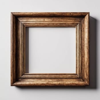 Rustic wooden frame features beautiful carvings and a weathered finish designed to hold art photographs set against clean white backdrop. A frame with intricate details against a white background. AI