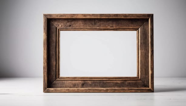 Rustic wooden frame features beautiful carvings and a weathered finish designed to hold art photographs set against clean white backdrop. A frame with intricate details against a white background. AI