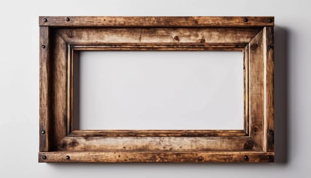Rustic wooden frame features beautiful carvings and a weathered finish designed to hold art photographs set against clean white backdrop. A frame with intricate details against a white background. AI