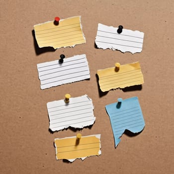 A piece of vintage blank note paper is secured with tape to a textured brown surface, ideal for business communications or reminders, conveying an old-fashioned office style. Generative AI.