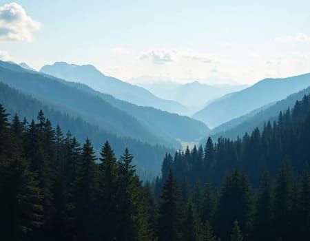 A peaceful view unfolds with towering spruce trees framing majestic mountains bathed in soft morning light. Lush green forest descends into a misty valley, creating a serene atmosphere. Generative AI