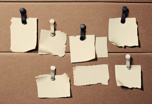 A piece of vintage blank note paper is secured with tape to a textured brown surface, ideal for business communications or reminders, conveying an old-fashioned office style. Generative AI.