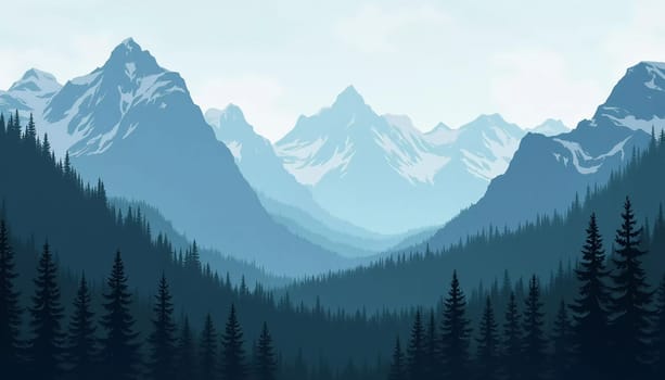 A peaceful view unfolds with towering spruce trees framing majestic mountains bathed in soft morning light. Lush green forest descends into a misty valley, creating a serene atmosphere. Generative AI
