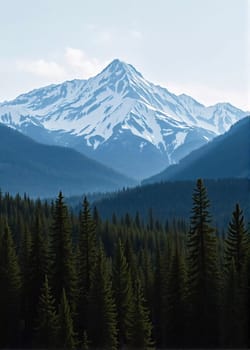 A peaceful view unfolds with towering spruce trees framing majestic mountains bathed in soft morning light. Lush green forest descends into a misty valley, creating a serene atmosphere. Generative AI