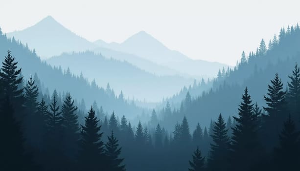 A peaceful view unfolds with towering spruce trees framing majestic mountains bathed in soft morning light. Lush green forest descends into a misty valley, creating a serene atmosphere. Generative AI