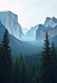 A peaceful view unfolds with towering spruce trees framing majestic mountains bathed in soft morning light. Lush green forest descends into a misty valley, creating a serene atmosphere. Generative AI