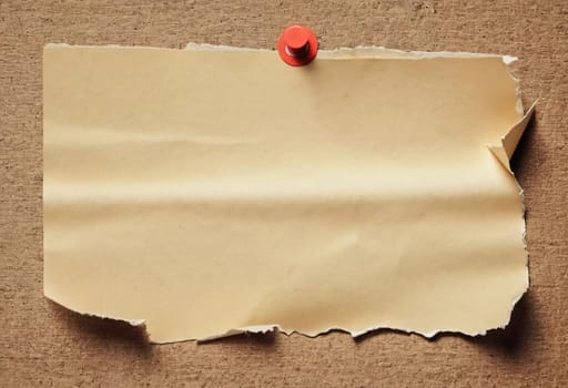 A piece of vintage blank note paper is secured with tape to a textured brown surface, ideal for business communications or reminders, conveying an old-fashioned office style. Generative AI.