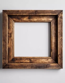 Rustic wooden frame features beautiful carvings and a weathered finish designed to hold art photographs set against clean white backdrop. A frame with intricate details against a white background. AI