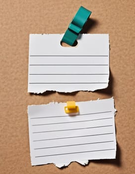 A piece of vintage blank note paper is secured with tape to a textured brown surface, ideal for business communications or reminders, conveying an old-fashioned office style. Generative AI.