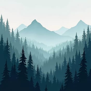 A peaceful view unfolds with towering spruce trees framing majestic mountains bathed in soft morning light. Lush green forest descends into a misty valley, creating a serene atmosphere. Generative AI