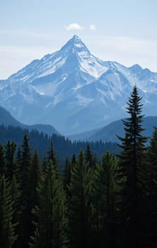 A peaceful view unfolds with towering spruce trees framing majestic mountains bathed in soft morning light. Lush green forest descends into a misty valley, creating a serene atmosphere. Generative AI