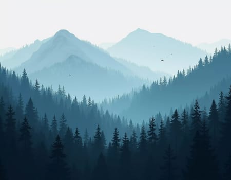 A peaceful view unfolds with towering spruce trees framing majestic mountains bathed in soft morning light. Lush green forest descends into a misty valley, creating a serene atmosphere. Generative AI