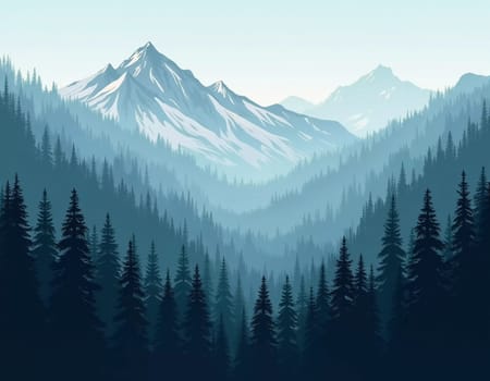 A peaceful view unfolds with towering spruce trees framing majestic mountains bathed in soft morning light. Lush green forest descends into a misty valley, creating a serene atmosphere. Generative AI