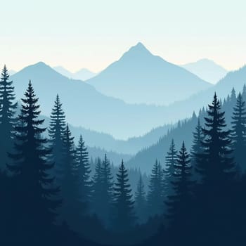 A peaceful view unfolds with towering spruce trees framing majestic mountains bathed in soft morning light. Lush green forest descends into a misty valley, creating a serene atmosphere. Generative AI