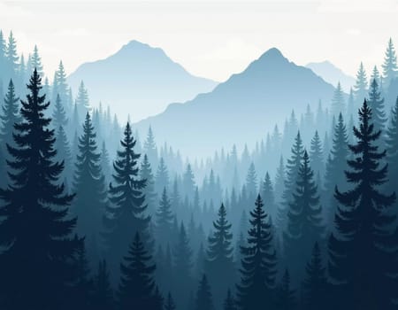 A peaceful view unfolds with towering spruce trees framing majestic mountains bathed in soft morning light. Lush green forest descends into a misty valley, creating a serene atmosphere. Generative AI