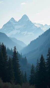 A peaceful view unfolds with towering spruce trees framing majestic mountains bathed in soft morning light. Lush green forest descends into a misty valley, creating a serene atmosphere. Generative AI