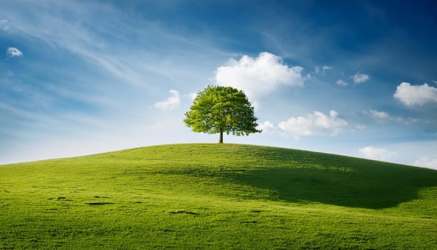 single tree on green hill top, AI generated image