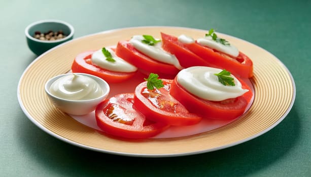 sliced tomatoes with mayonnaise vegetarian food, AI generated image