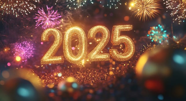 Colorful fireworks burst in the sky while the year 2025 is displayed in glitter, adding a festive touch to the New Year celebration.