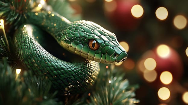 A vibrant green snake coils around a Christmas tree, surrounded by twinkling lights and festive decorations, creating a unique holiday ambiance.