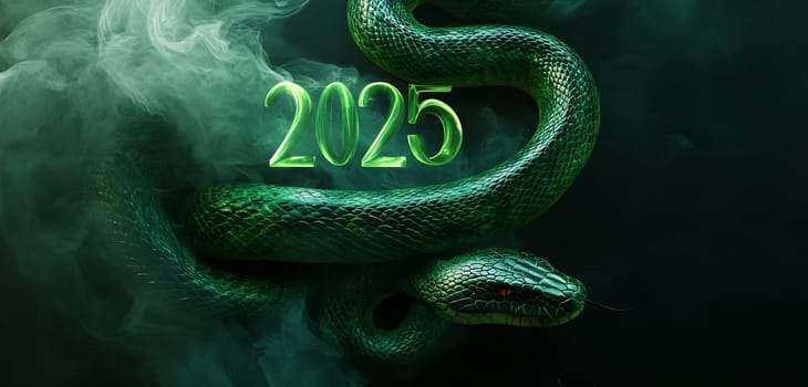 The green snake wraps around the number 2025, set against a dark background, evoking a sense of mystery and anticipation for the future.