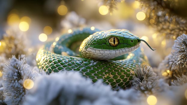A green snake is coiled among snowy plants, with its striking scales glistening in the soft light of early morning.