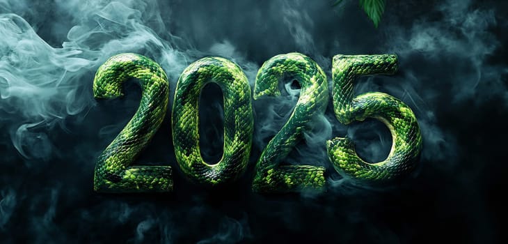 The green numbers 2025 emerge from smoky surroundings, suggesting a blend of nature and anticipation for the future.