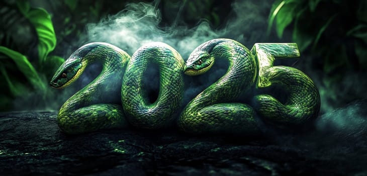 Two detailed green snakes wrap around the digits of 2025, set in a lush jungle environment filled with mist and greenery.