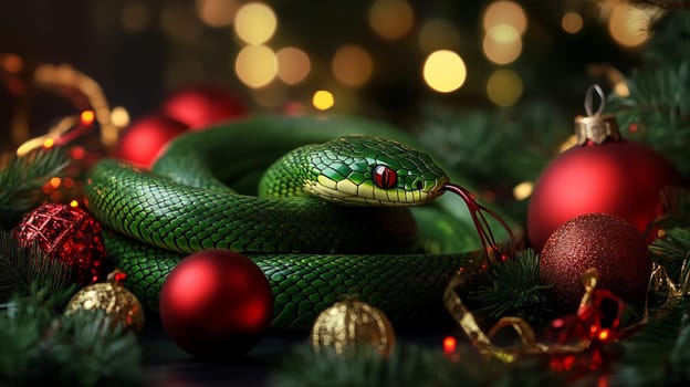 A green snake is coiled among Christmas ornaments and greenery, creating a striking holiday composition.