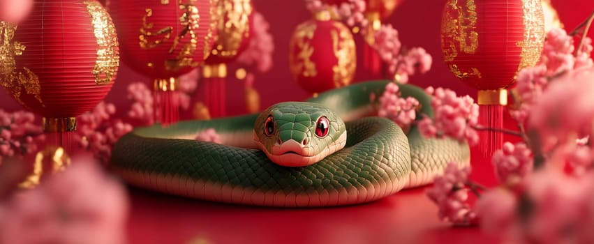 The green snake lies peacefully surrounded by red lanterns and pink cherry blossoms, creating a festive atmosphere.