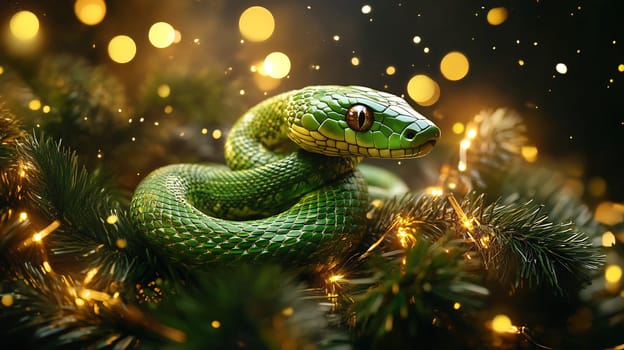 A green snake coils around pine branches, illuminated by soft golden lights, creating a festive and enchanting atmosphere.