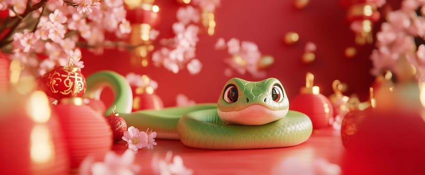 A green snake lies peacefully among pink cherry blossoms and decorative lanterns, embodying the festive spirit of Lunar New Year.