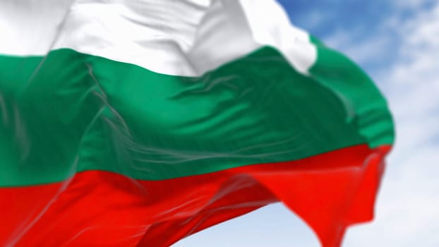 Close-up of Bulgaria national flag waving in the wind. Three equal-sized horizontal bands: white, green, and red. 3d illustration render. Rippling fabric.