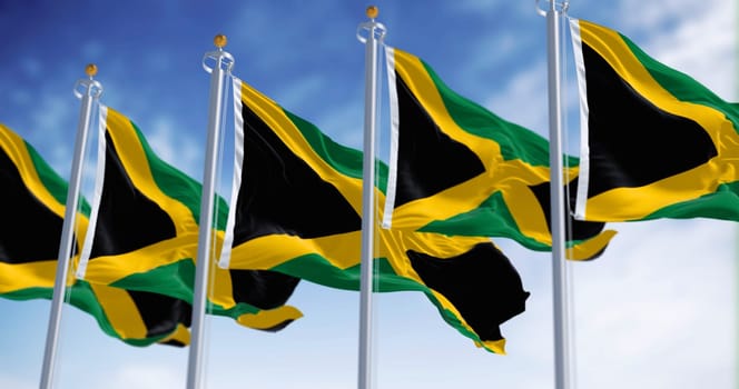 Close-up of Jamaica national flag waving. Gold saltire dividing it into four sections: two green and two black. 3d illustration render. Fluttering fabric. textured background