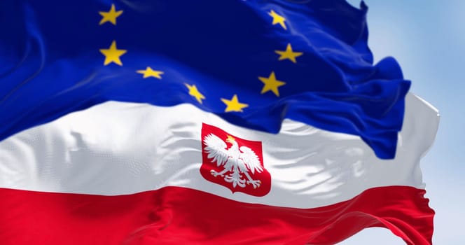 Close-up of Poland national flag waving in the wind on a clear day. Two horizontal white and red stripes with coat of arms. 3d illustration render. Rippling fabric. Selective focus