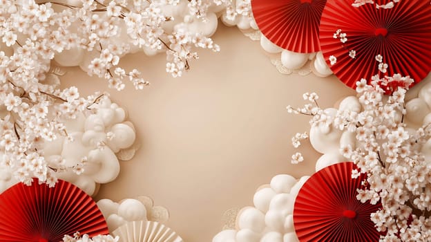 Soft cherry blossoms and vibrant red fans frame a neutral background, perfect for springtime celebrations and events.
